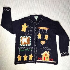 The Quacker Factory Ugly Christmas Sweater Cardigan sugar & Spice Gingerbread L